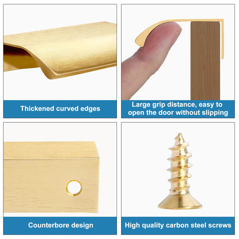 Detailed view of the 10 Pack Brushed Gold Edge Finger Cabinet Pulls 3.15 Inch Aluminum Drawer Handles showing design and screw quality features.