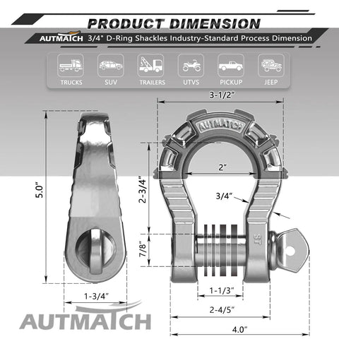 Diagram of Three Quarter Inch Mega D Ring Shackle 68000 Lbs Break Strength Heavy Duty Clevis Shackle With Seven Eighths Inch Screw Pin