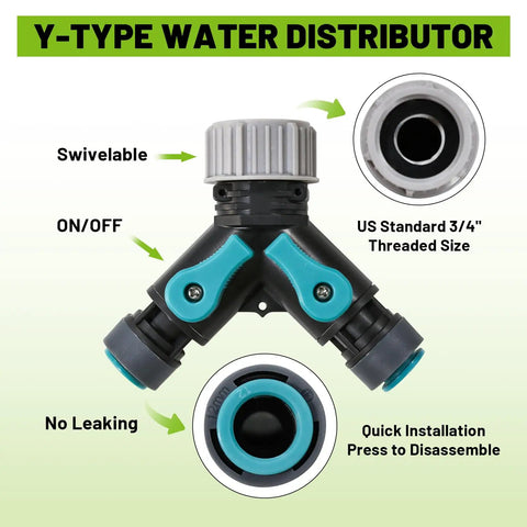 Y-type water distributor with swivelable on/off feature, US standard 3/4" threaded size, shown in All In One Drip Irrigation Kit