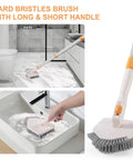 3 In 1 Shower Scrubber With Long 50 Inch Handle Set being used on bathroom floor and sink, featuring stiff bristle brush head