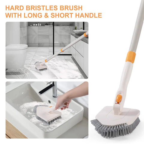 3 In 1 Shower Scrubber With Long 50 Inch Handle Set being used on bathroom floor and sink, featuring stiff bristle brush head