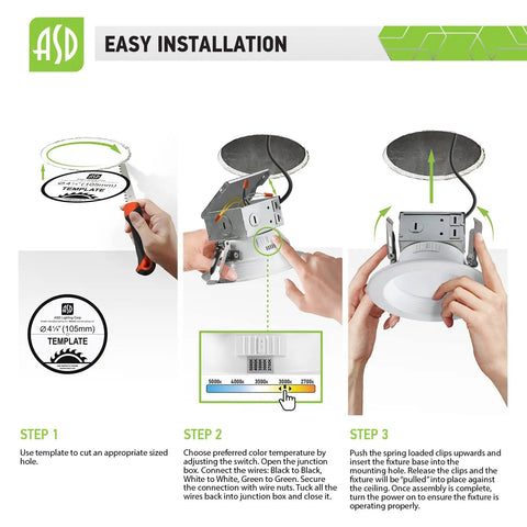 Installation steps for 12 Pack 4 Inch LED Recessed Lights With Integrated Junction Box, 10W 695LM, Selectable 2700K-5000K, Dimmable, Canless Wet Location IC Rated Ultra Thin Downlight.