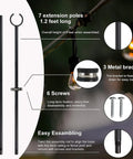 Outdoor String Light Poles 2 Pack 9 Ft Adjustable Pole And Bracket Kit details with extension poles, brackets, screws, and assembly guide