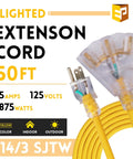Lighted 50 Ft Outdoor Extension Cord With 3 Outlets Heavy Duty 14 Gauge 3 Conductor SJTW Bright Yellow Cable packaging