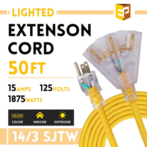 Lighted 50 Ft Outdoor Extension Cord With 3 Outlets Heavy Duty 14 Gauge 3 Conductor SJTW Bright Yellow Cable packaging