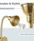 Gold Finish No Drill Headboard Reading Light with Dimmable LED, showing replaceable bulb detail and flexible arm.