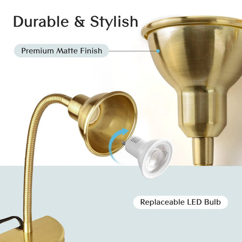 Gold Finish No Drill Headboard Reading Light with Dimmable LED, showing replaceable bulb detail and flexible arm.