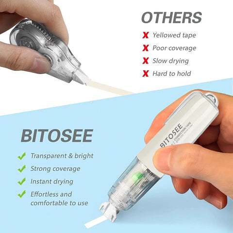 Comparison of BITOSEE and other correction tapes, highlighting transparent design and features of refillable retractable quick dry tape.