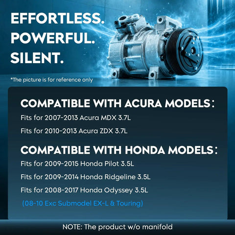 Kickin Cold Air AC Compressor With Clutch for Honda Odyssey Pilot Ridgeline and Acura MDX ZDX, automotive cooling unit.