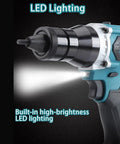 Cordless Rivet Nut Setter Gun With Dual Speed Gears And Rechargeable Battery Includes Seven Quick Swap Die Heads M3 Through M12 showing built-in LED lighting for improved visibility.