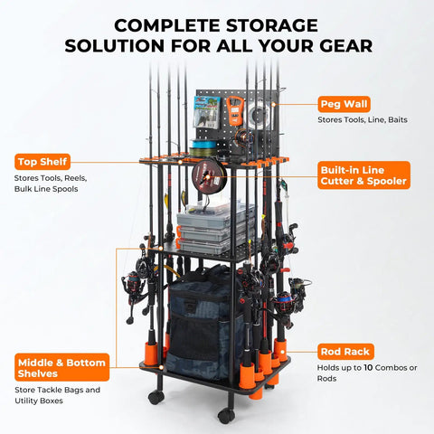 Indoor Fishing Rod Holder Trolley With 3 Tier Shelves And Peg Wall, Built In Line Spooler, Locking Wheels, Mobile Tackle Storage Cart
