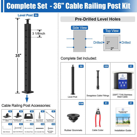 Level Up Your Home Game With This Solid 15 To 20 Ft Cable Railing Post Kit Including Four Adjustable Top Drilled Posts A Full Swageless Bundle And T316 Stainless Steel Wire Rope To Snap Together Quick For Your Porch Or Patio Area, showcasing complete 36 inch cable railing post kit with accessories.