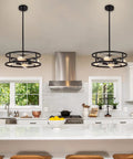 Black Industrial Farmhouse Semi Flush Mount Ceiling Light With Adjustable Height And Three Rod System over kitchen island