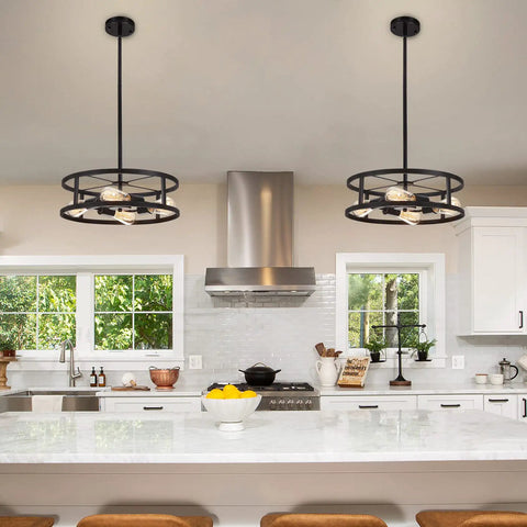 Black Industrial Farmhouse Semi Flush Mount Ceiling Light With Adjustable Height And Three Rod System over kitchen island