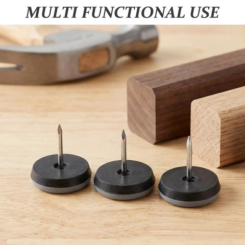 Three 12 Piece Nail On Chair Leg Sliders for Hardwood Floors with wooden blocks and hammer in background.
