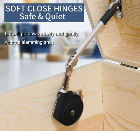 Premium Soft Close Hinges For Toy Boxes And Cedar Chests Smooth Slow Shut Lid Support Brackets, black hinge on wooden box.