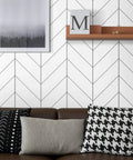 Living room with Black And White Peel And Stick Wallpaper For Easy DIY Decor, Modern Striped Geometric Herringbone Self Adhesive Removable Contact Paper For Walls And Furniture, 17.71 By 118 Inches, Great For Home Renovation Projects, brown shelf and cushions