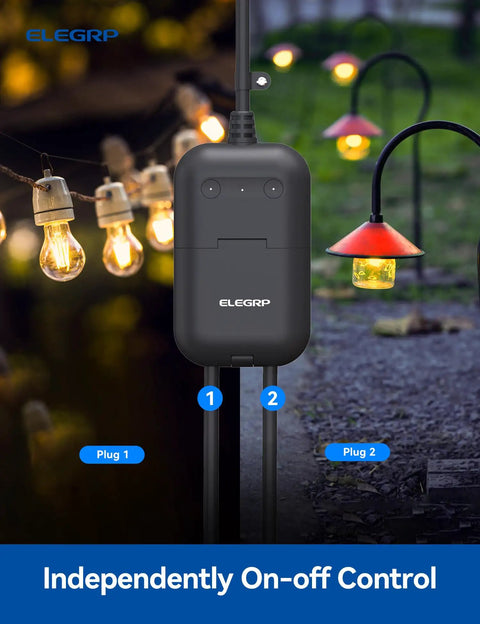 Weatherproof Outdoor Smart Plug IP66 With 2 Independent Sockets No Fuss WiFi Enabled Plug Connects With Alexa And Google Assistant Perfect For Patio String Lights And Outdoor Decor UL Certified 2 Pack Black powering patio lights with labels Plug 1 and Plug 2