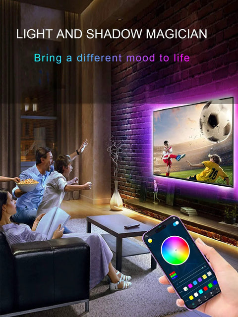 LED TV backlight strip, 16.4 ft, RGB, USB-powered, installed behind 45–75 inch TV, Bluetooth app & remote control