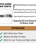 Close-up of 55 Inch Rope Saw with 70 Sharp Teeth and text highlighting upgrades and features for tree limb cutting