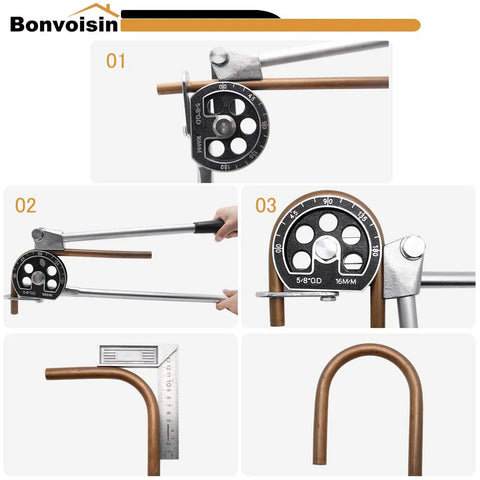 Five Eighth Inch OD Tubing Bender Manual Pipe Bender showing bending tool, measurements, and results for copper pipe