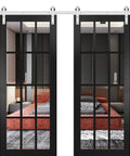 Heavy Duty Sliding Double Barn Door Kit With Clear Glass Steel Panels And Quiet Roller Silver Rail No Sweat Interior Hardware Package Straight Up Quality For Living Rooms And Bedrooms Slick Gliding Design with black frame and modern interior