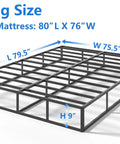 Rock Solid King Size Box Spring, Nine Inch Heavy Duty Steel Mattress Foundation with dimensions 80"L x 76"W, 9"H.