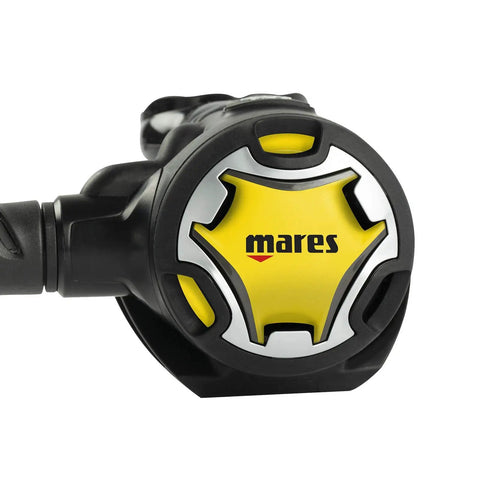 Close-up of Dual Octopus Regulator For Scuba Diving Lightweight Second Stage with yellow face and VAD for natural breathing.
