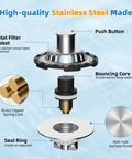 Universal Brass Drain Stopper Slick Chrome Finish Heavy Duty Bathtub Drain Cover No Sweat Bathroom Sink Hair Catcher Dual Purpose Tub Protector With Silicone Ring Seal For Quick Setup And Legit Clog Defense All Around parts diagram showing stainless steel construction, metal filter basket, and seal ring.