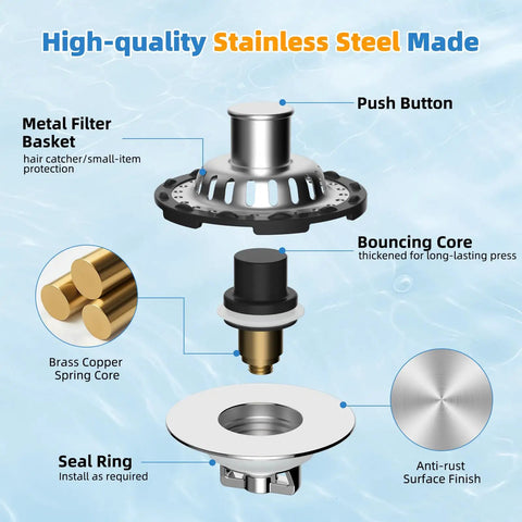 Universal Brass Drain Stopper Slick Chrome Finish Heavy Duty Bathtub Drain Cover No Sweat Bathroom Sink Hair Catcher Dual Purpose Tub Protector With Silicone Ring Seal For Quick Setup And Legit Clog Defense All Around parts diagram showing stainless steel construction, metal filter basket, and seal ring.