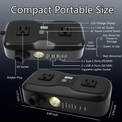200W Car Power Inverter 12V Dc To 110V Ac With Dual Ac Outlets And Quad Usb Charging Ports Featuring Pd 20W Qc 3.0 Fast Charging, showcasing compact design and LCD display.