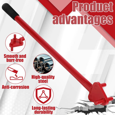Heavy Duty Manual Rebar Bender For 5/8 Inch Bars showing red steel handle with features like anti-corrosion and smooth design.