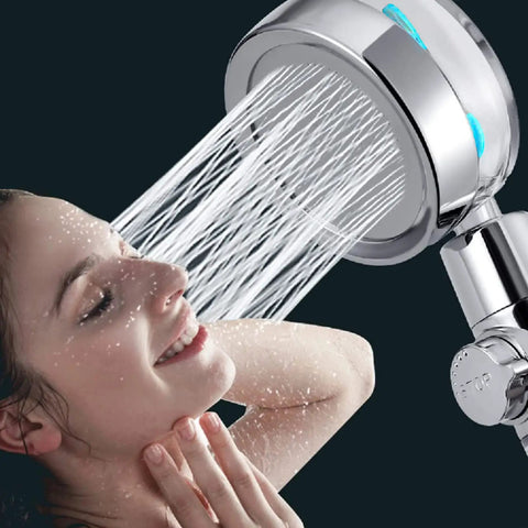 High Pressure Shower Head Kit With Handheld Turbo Fan in use, showing water flow on a person with easy install and clean design.