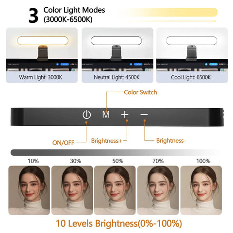 Dual Lamp Ring Light For Video Calls And Live Streaming with touch dimming, showing 3 color modes and brightness levels