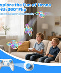 Two smiling boys using remote to fly Totally Kid Friendly Drone For Beginners with LED lights and blue remote controller indoors.