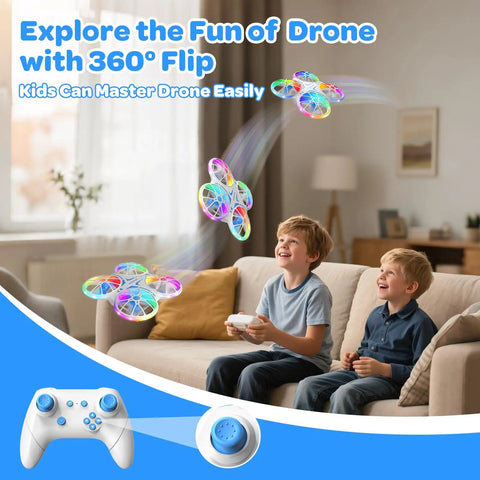 Two smiling boys using remote to fly Totally Kid Friendly Drone For Beginners with LED lights and blue remote controller indoors.