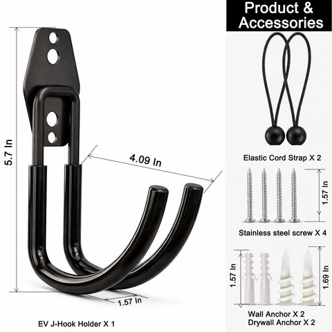 Heavy Duty EV Charging Cable Holder Wall Mount For Tight Garages With Wide J Hook, black steel design with dimensions for cord organization.