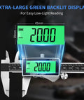 Rechargeable Digital Caliper With USB Type C, Large Backlit LCD Display, 6 Inch Stainless Steel Vernier Caliper, Auto Off Energy Saver, Easy Switch From Inch To Metric Or Fraction, Perfect For DIY And Home Projects, green backlit display showing 20.00 mm