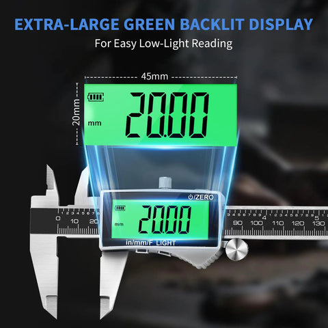 Rechargeable Digital Caliper With USB Type C, Large Backlit LCD Display, 6 Inch Stainless Steel Vernier Caliper, Auto Off Energy Saver, Easy Switch From Inch To Metric Or Fraction, Perfect For DIY And Home Projects, green backlit display showing 20.00 mm