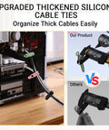 Game Changing Stretchy Silicone Cable Ties With Lock Buckle organizing cables in PC and shown with caliper measurement.
