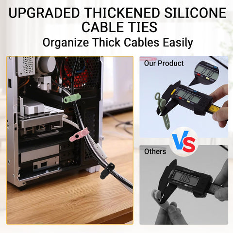 Game Changing Stretchy Silicone Cable Ties With Lock Buckle organizing cables in PC and shown with caliper measurement.