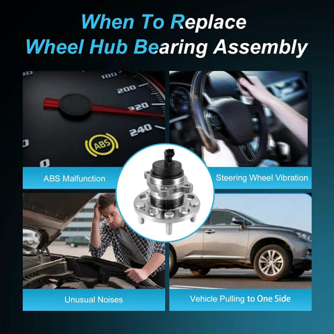 Premium 2 Piece Rear Wheel Hub And Bearing Assembly Bolt On Direct Fit Replacement For Kia Soul And Soul Ev shown with warning signs.