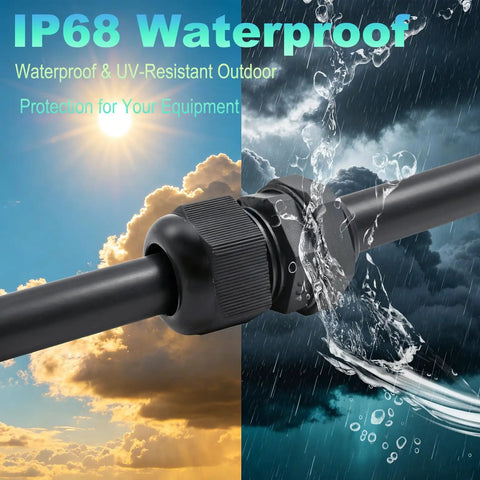 Waterproof 40 Pack Half Inch Cable Glands Pass Through Cord Grip Kit with water splash showing outdoor durability