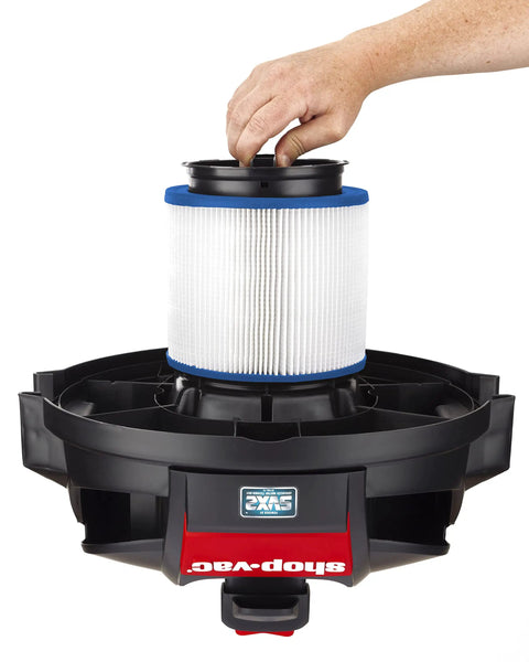 HEPA Cartridge Filter For 5 Gallon And Up Wet Dry Shop Vacuums, Built To Last Filtration, shown being installed by hand