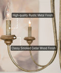 Close-up of 5-Light French Country Chandelier with adjustable height, featuring smoked cedar and rustic metal finish.