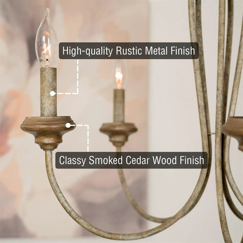 Close-up of 5-Light French Country Chandelier with adjustable height, featuring smoked cedar and rustic metal finish.