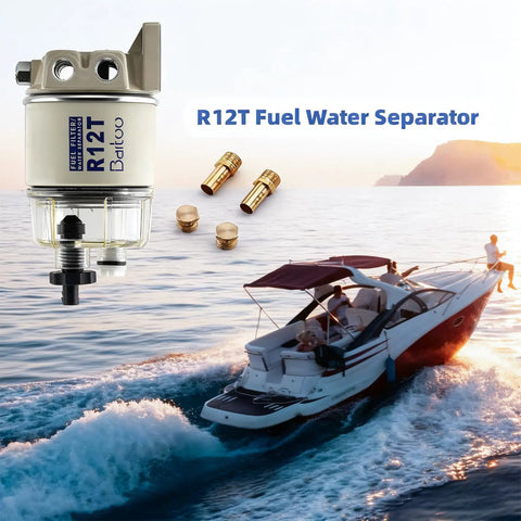 10 Micron Fuel Water Separator Kit For Outboard Motors Marine Filter System With 30 GPH Flow Removes Water And Particles Up To 99 Percent Replaces S3240 120AT NPT Three Eighths Inch Inlet Outlet For Gas And Diesel Engines Easy Install with boat image