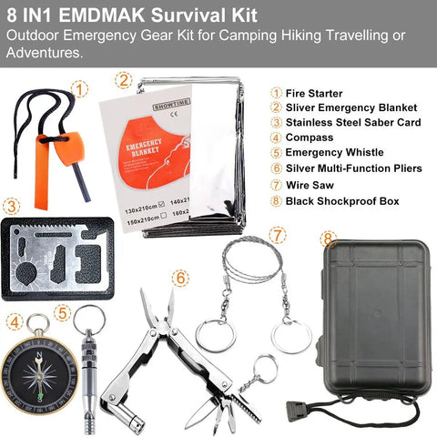 Six In One Waterproof Survival Gear Kit with tool card, fire starter, compass, wire saw, whistle, pliers, blanket, and case