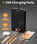 Beefed-Up Surge Protector Power Strip With Eight Outlets And Six USB Ports Including Two USB C Ports 1850W 15A 6FT Flat Plug Extension Cord ETL Listed For Home Office Dorm Room Black, front view