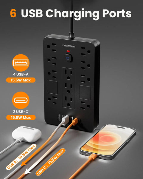 Beefed-Up Surge Protector Power Strip With Eight Outlets And Six USB Ports Including Two USB C Ports 1850W 15A 6FT Flat Plug Extension Cord ETL Listed For Home Office Dorm Room Black, front view